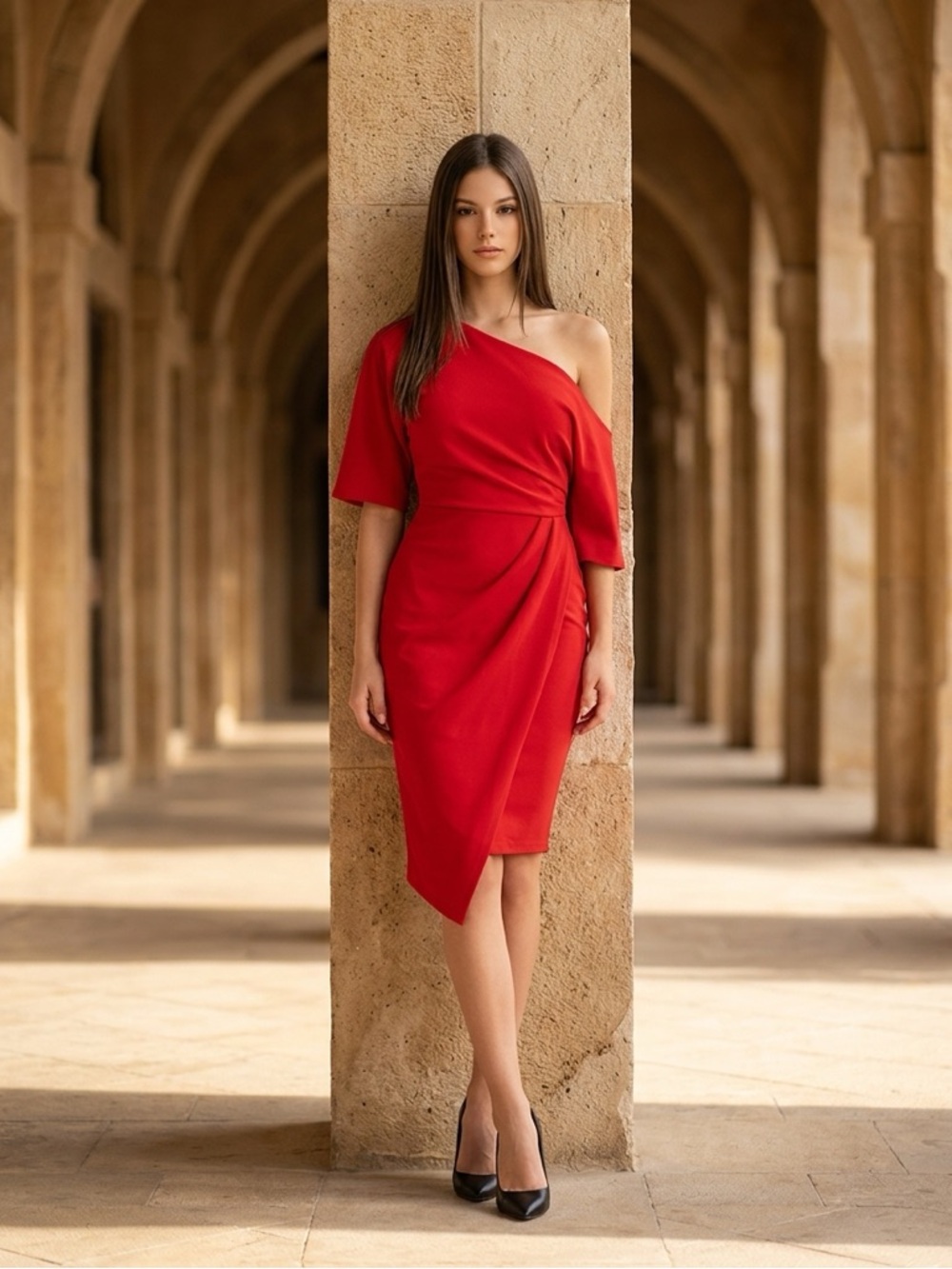 One-off Shoulder Red Cocktail Dress US 16w